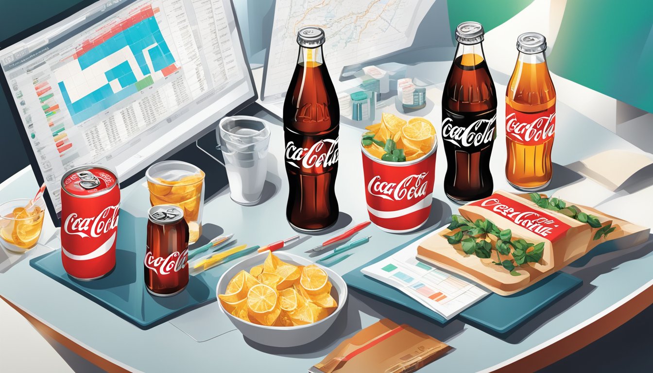 A table with various Coca Cola brand products displayed, surrounded by financial charts and graphs, indicating market insights