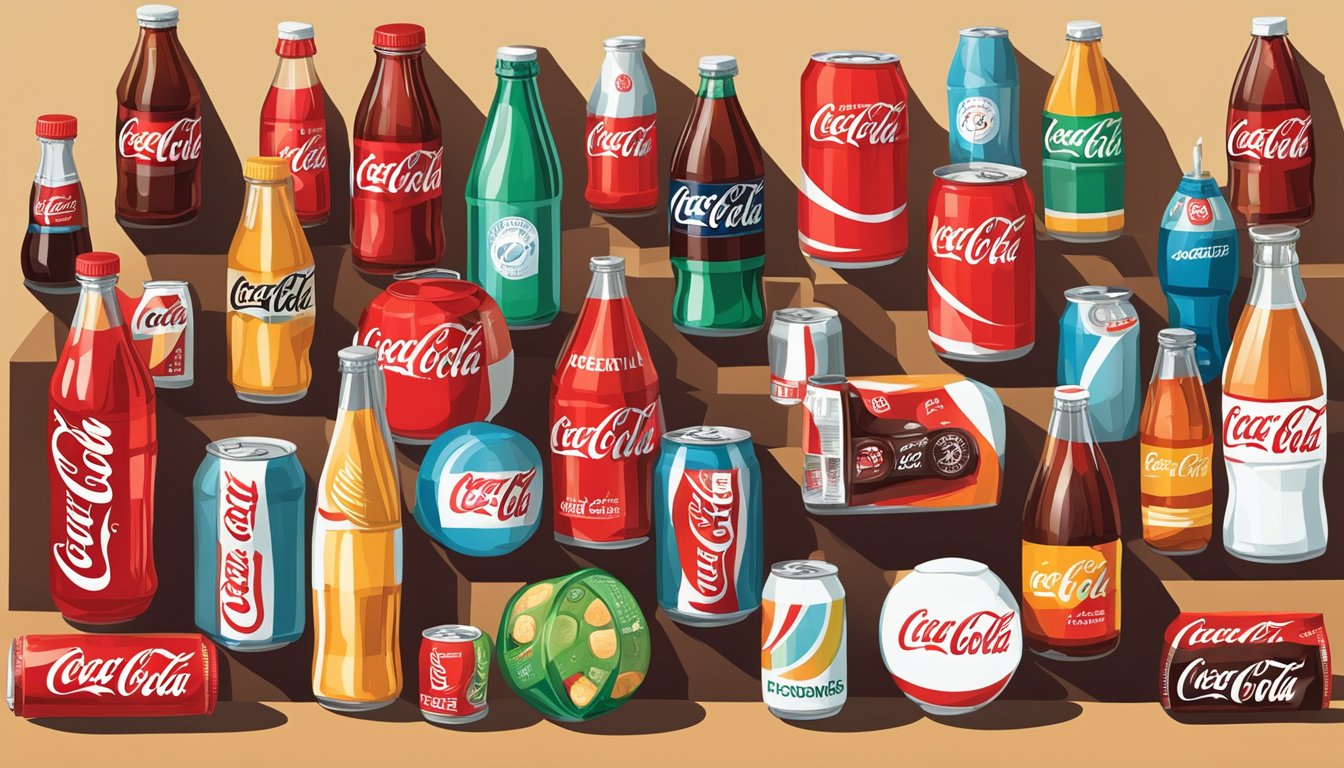 A table with various Coca-Cola products arranged neatly, with a sign reading "Frequently Asked Questions Coca-Cola Brands List" displayed prominently
