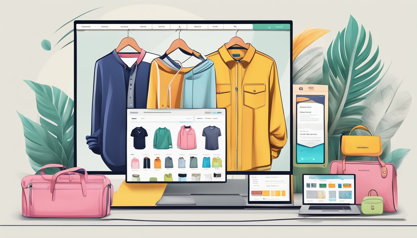 A computer screen displaying various clothing brand websites with colorful and stylish product images, logos, and navigation menus