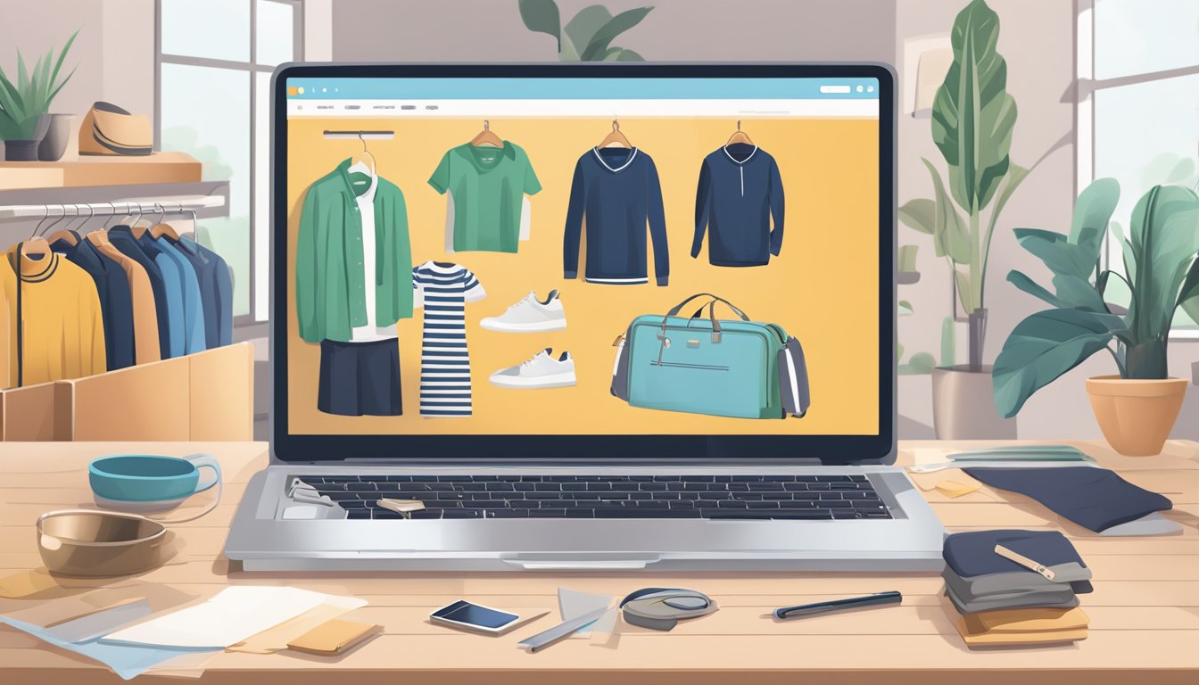 A laptop open on a table, displaying various online clothing brand websites. Clothing items, logos, and navigation tabs are visible on the screen