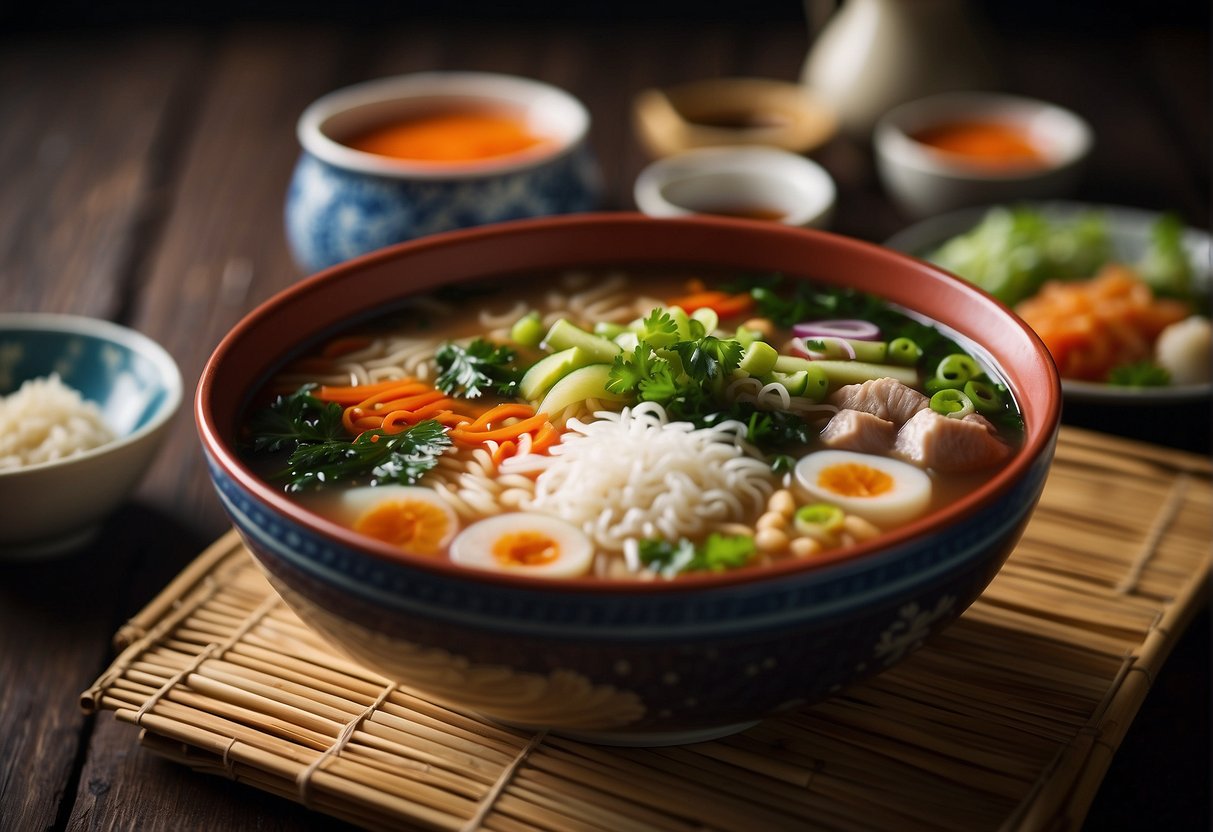 A steaming bowl of Chinese soup surrounded by vibrant ingredients and chopsticks on a bamboo placemat