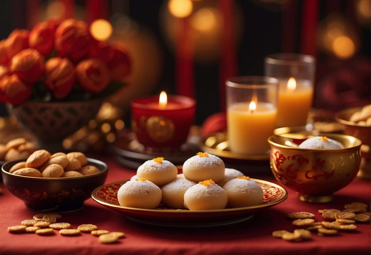 A table adorned with traditional Chinese New Year dessert recipes, including tangyuan, nian gao, and almond cookies, set against a backdrop of festive red and gold decorations