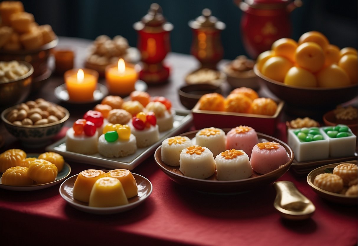 A table adorned with colorful traditional Chinese desserts symbolizing prosperity and good luck for Chinese New Year