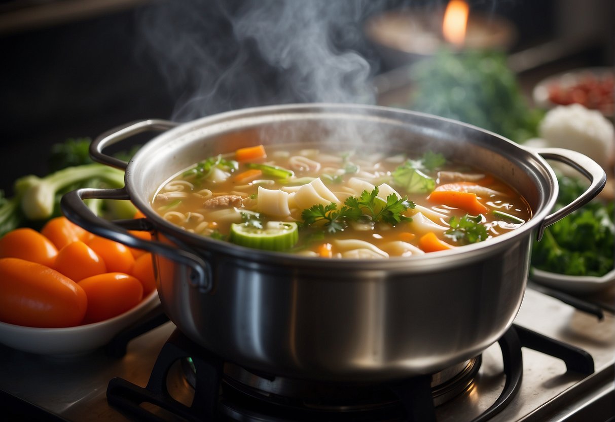 A steaming pot of Chinese soup simmers on a stove, filled with vibrant vegetables, tender meat, and aromatic spices. Steam rises from the pot, filling the air with a tantalizing aroma
