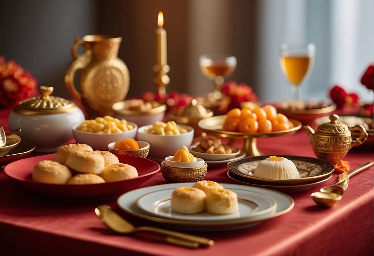A table set with modern Chinese New Year desserts, blending traditional flavors with contemporary twists. Bright red and gold decor accents