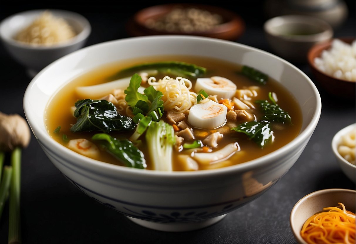 A steaming bowl of Chinese soup surrounded by traditional ingredients like ginger, scallions, and bok choy, with chopsticks resting on the side