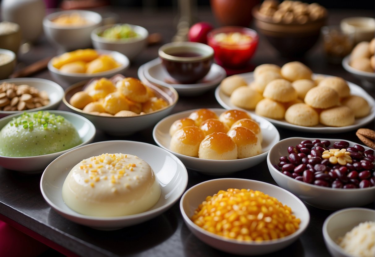 A table filled with colorful gluten-free and vegan dessert options for Chinese New Year, including coconut tapioca pudding, red bean buns, and almond cookies