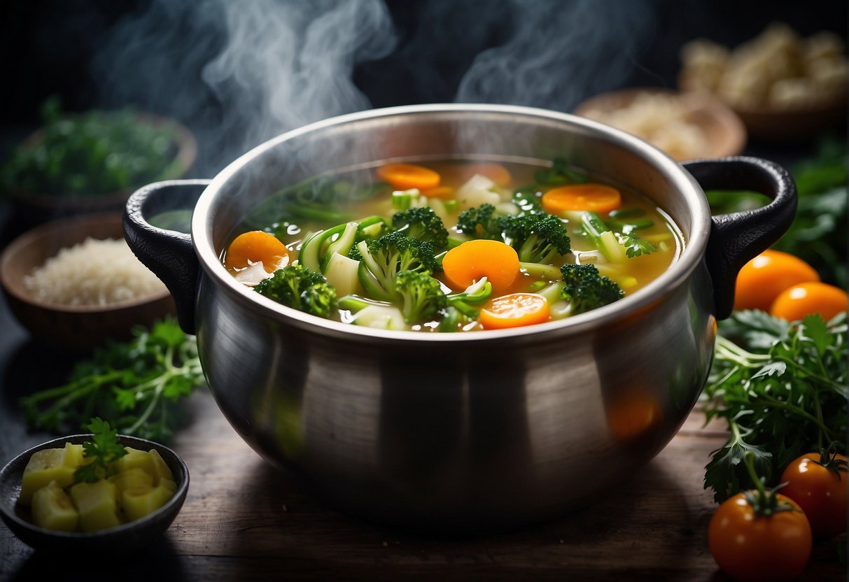 Vibrant vegetables and aromatic herbs simmer in a steaming pot of nourishing Chinese soup, showcasing a variety of seasonal and health-focused ingredients