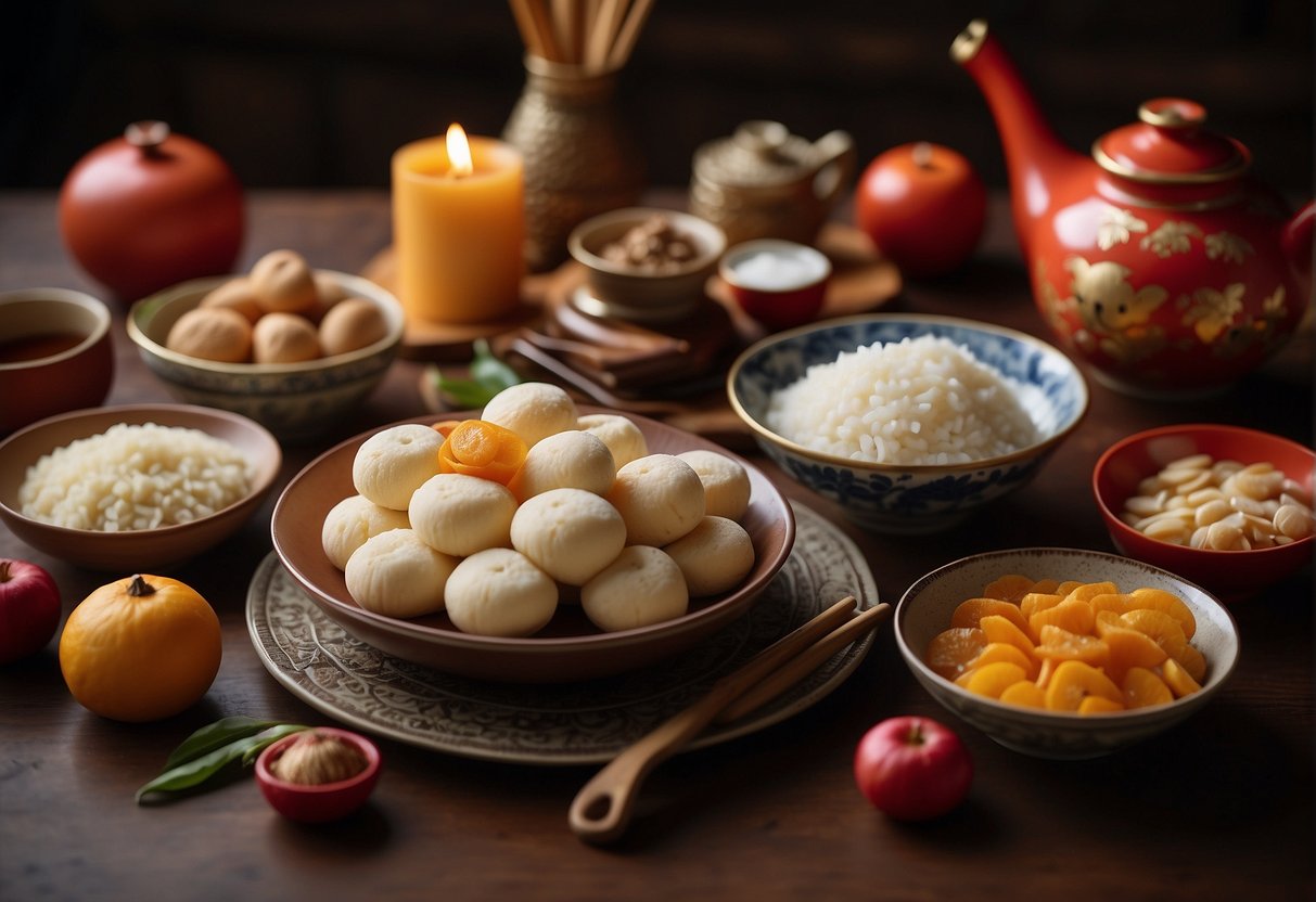 A table set with traditional Chinese New Year dessert ingredients and utensils, with a recipe book open to "Preparation Techniques and Tips."