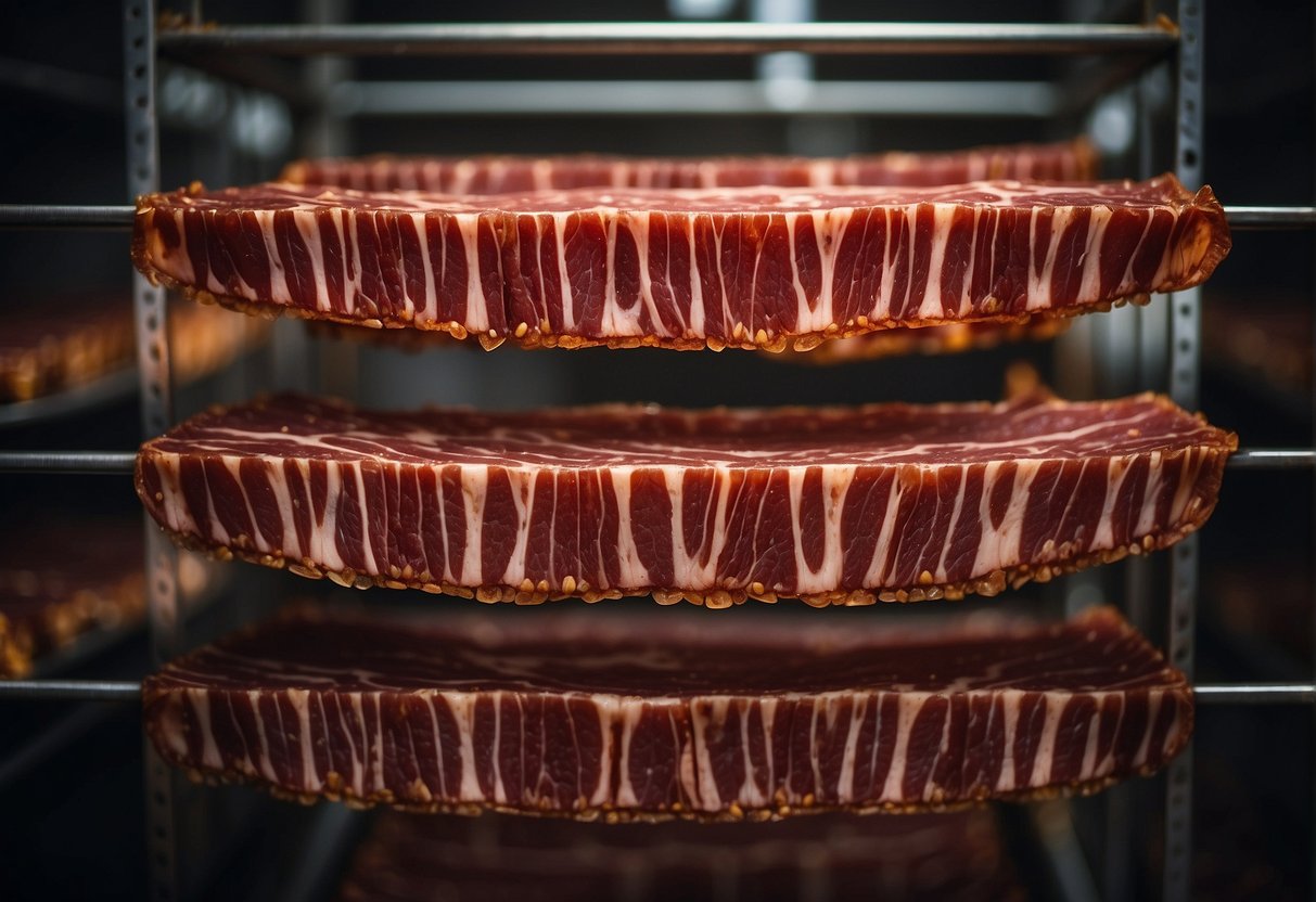 Thin slices of marinated beef hang on racks, slowly drying in a well-ventilated space, ready to become savory Chinese beef jerky