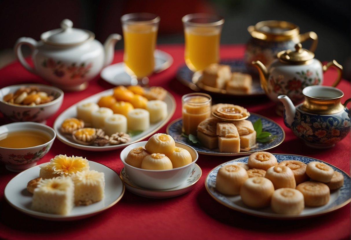 A table set with various Chinese New Year desserts and a selection of teas and beverages for pairing