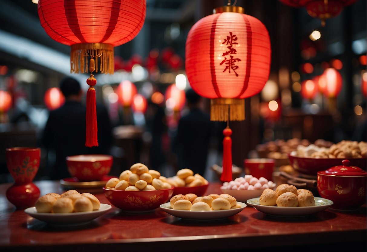 A table adorned with traditional Chinese New Year desserts, surrounded by curious onlookers. Red lanterns hang above, casting a warm glow