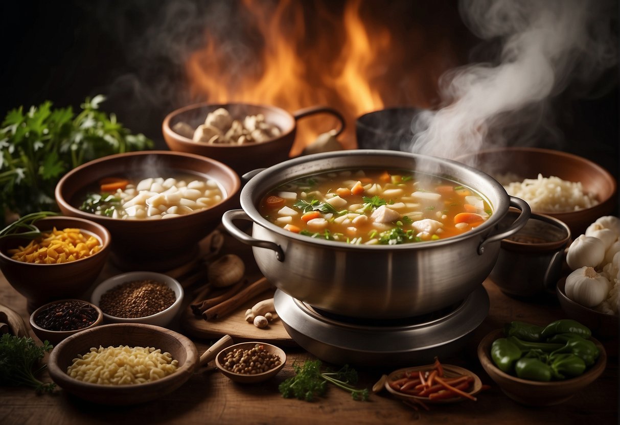 A steaming pot of Chinese soup surrounded by regional ingredients and spices. A sign reads "Specialty Soups and Regional Delights" in bold letters