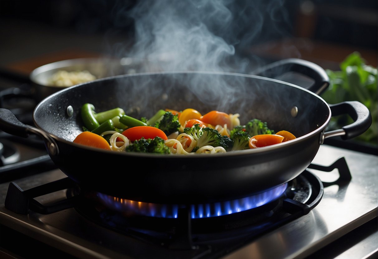 A pot simmers on a stove, steam rising as ingredients are added. A wok sizzles with stir-fried vegetables. A chef's knife chops fresh herbs