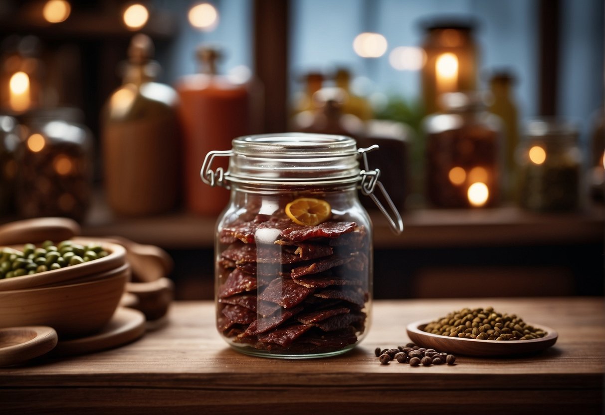 A glass jar filled with homemade beef jerky sits on a wooden shelf, surrounded by traditional Chinese spices and ingredients