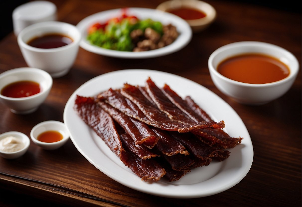 A plate of Chinese beef jerky sits on a wooden table, surrounded by small dishes of dipping sauce. A pair of chopsticks rests beside the plate