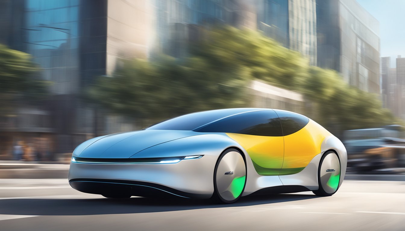 A sleek, futuristic vehicle with the "Innovative Solutions for Mobility" logo speeding down a high-tech urban street
