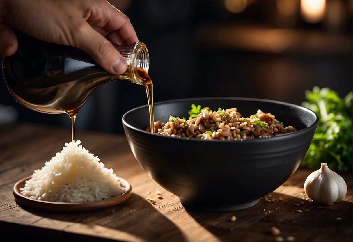 A hand pours soy sauce into a bowl of minced garlic and ginger, adding sugar, sesame oil, and rice wine. The mixture is whisked together to create a savory Chinese beef marinade