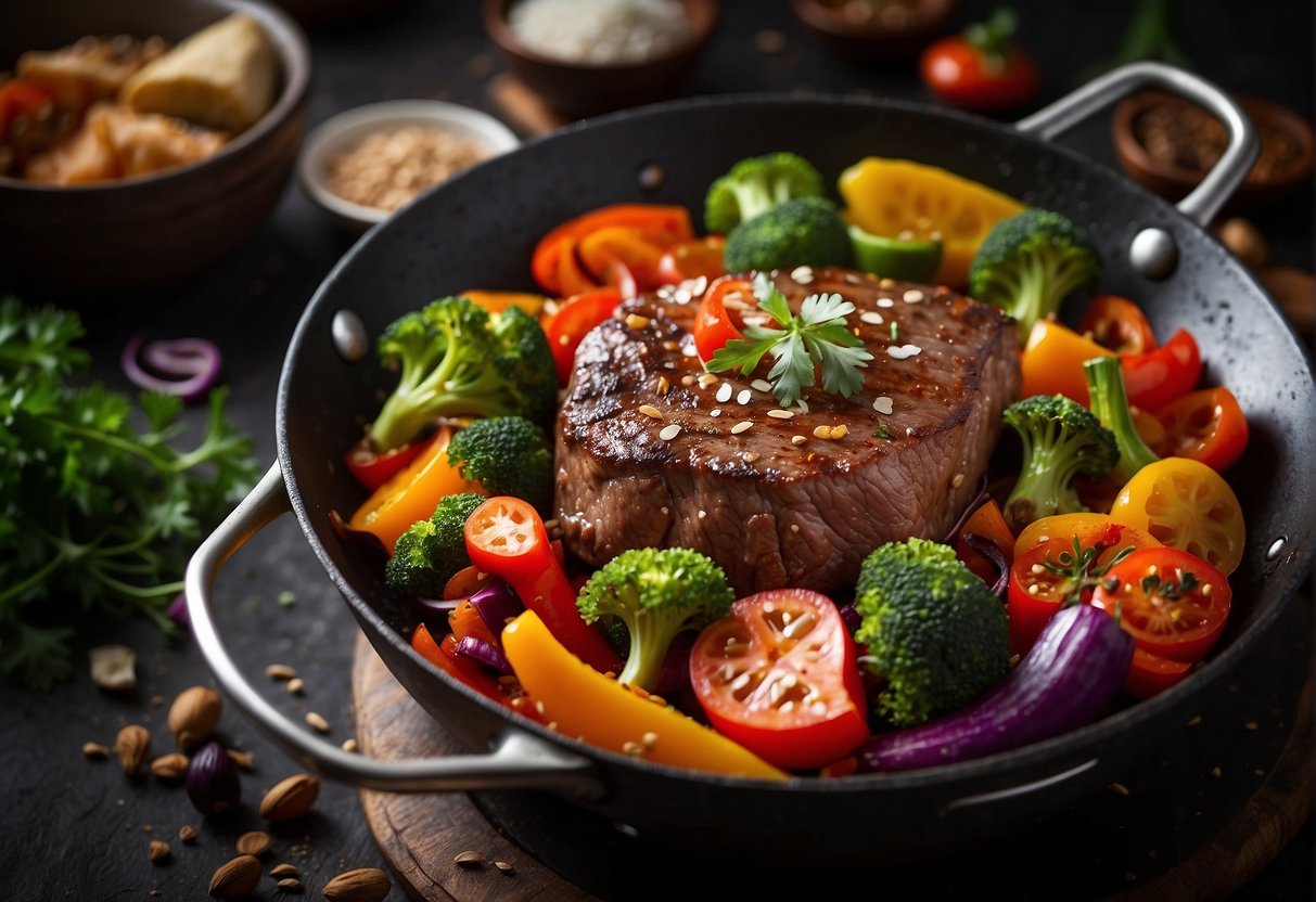 Sizzling marinated beef in a wok, surrounded by colorful vegetables and aromatic spices