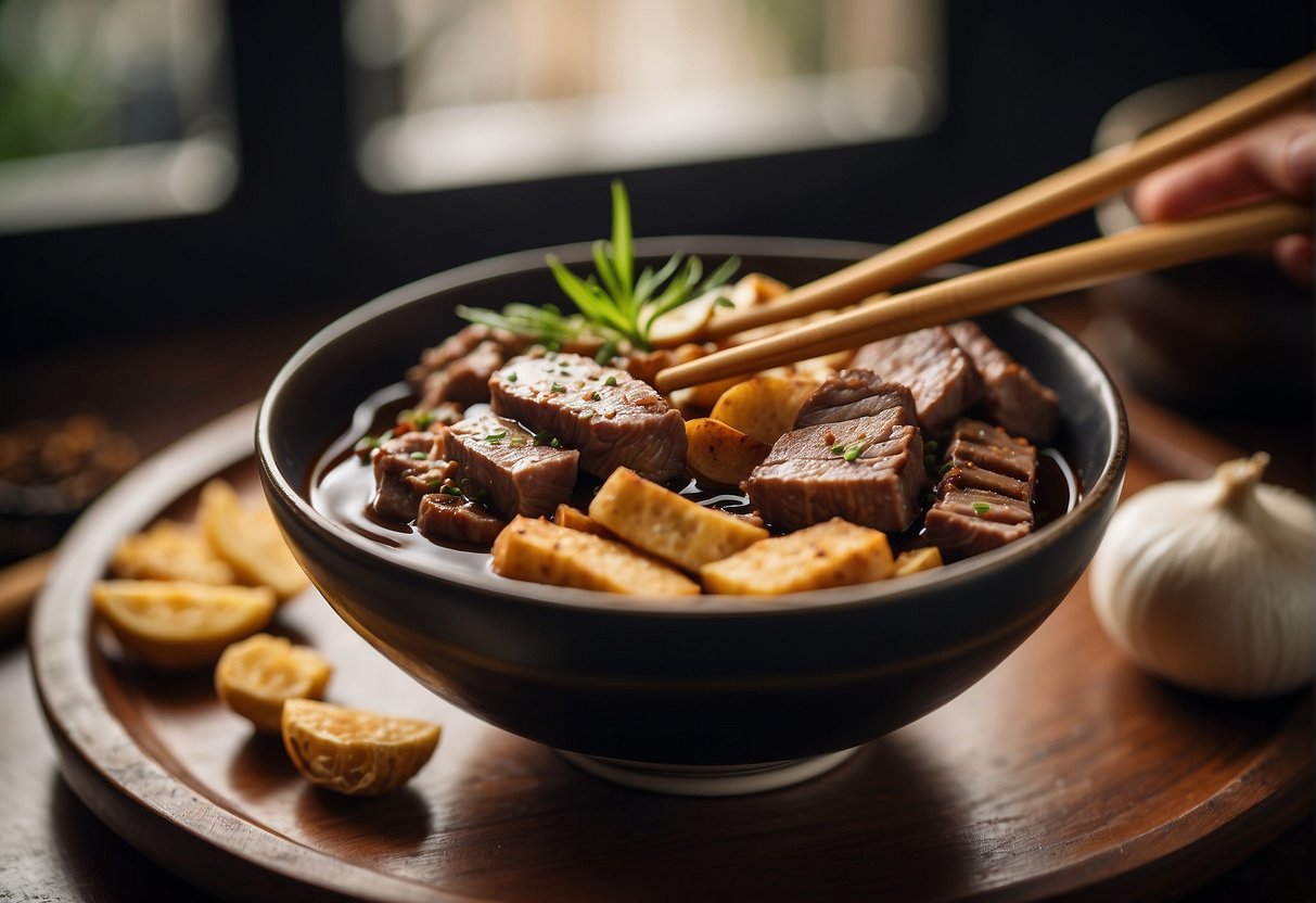 A bowl filled with soy sauce, ginger, garlic, and spices, surrounded by sliced beef and a pair of chopsticks