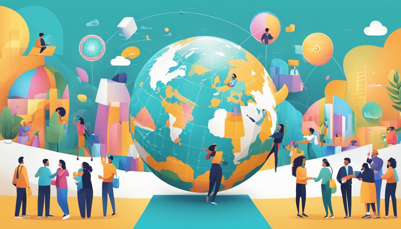 A vibrant globe surrounded by diverse people, connecting and interacting with the brand's products and services