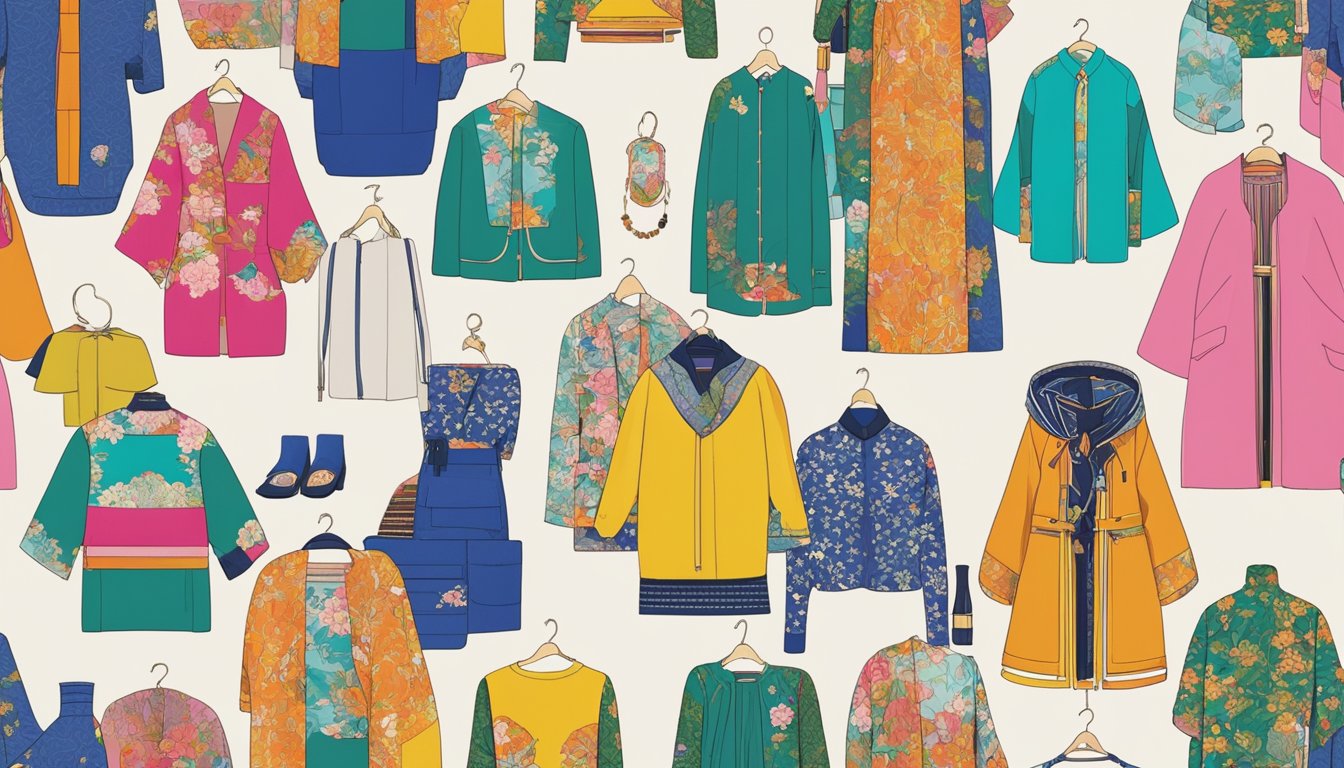 Japanese fashion brands showcased in a vibrant UK store, with sleek, modern designs and traditional Japanese motifs. Bright colors and bold patterns catch the eye