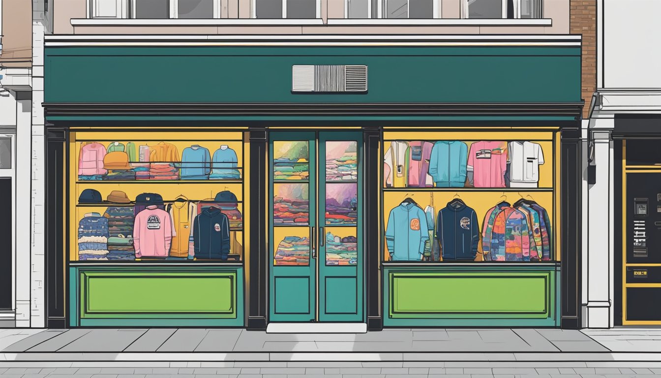 Vibrant storefronts showcase modern Japanese streetwear and casualwear brands in a bustling UK city. Bold graphics and sleek designs draw in fashion-forward shoppers
