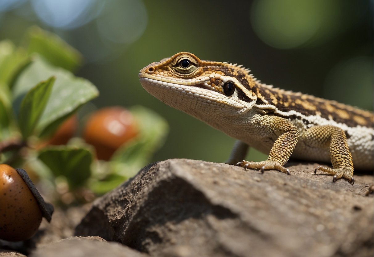 A garden lizard perches on a rock, its long tongue darting out to catch a small insect. Nearby, a pile of fallen fruits attracts its attention