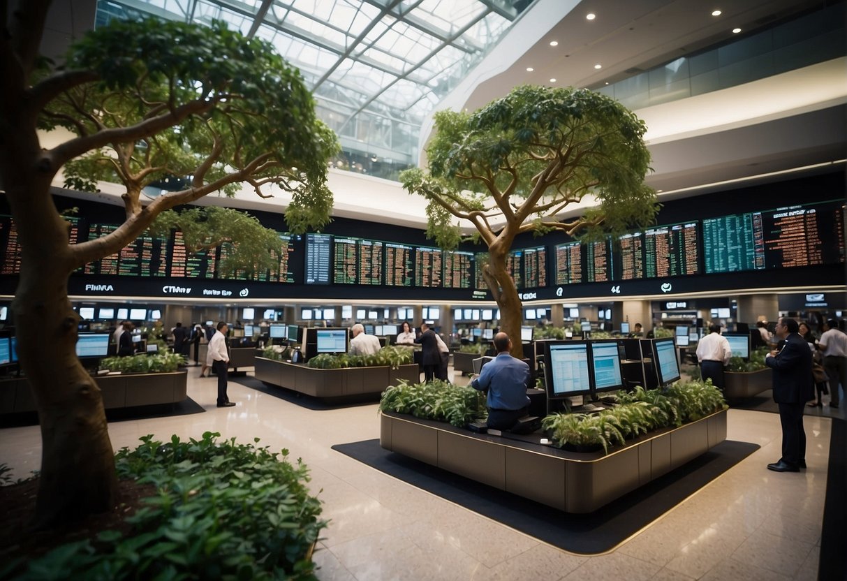 A bustling stock exchange floor with traders frantically buying and selling stocks represents market timing. Meanwhile, a serene garden with a tree growing steadily symbolizes long-term investing
