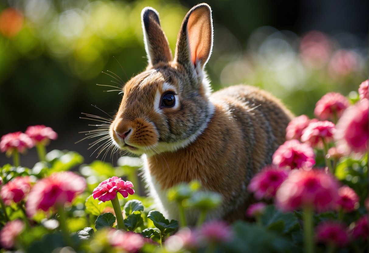 A hungry rabbit munches on vibrant geraniums in a sun-dappled garden