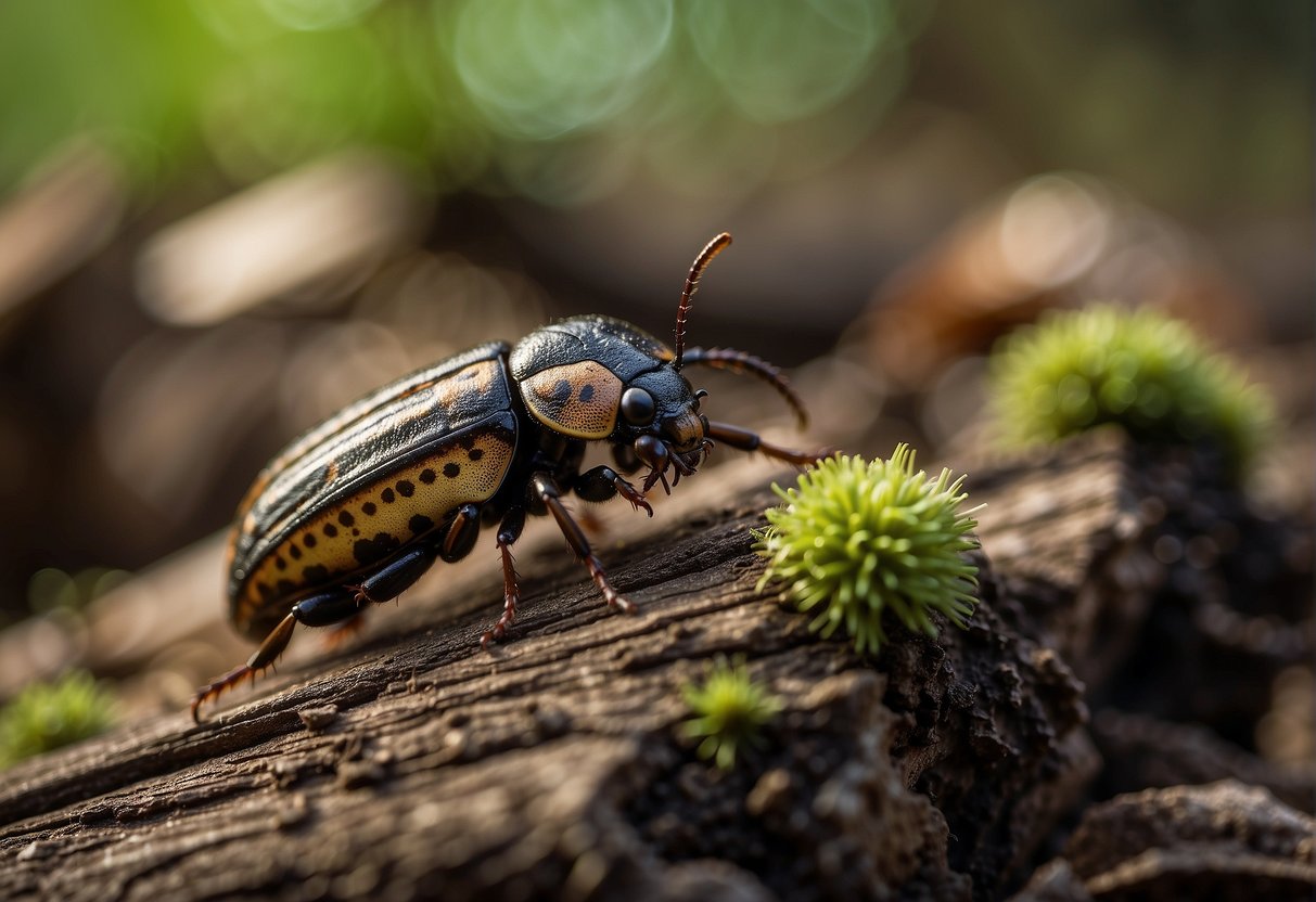 Beetle larvae consume decaying wood and organic matter in their natural habitat