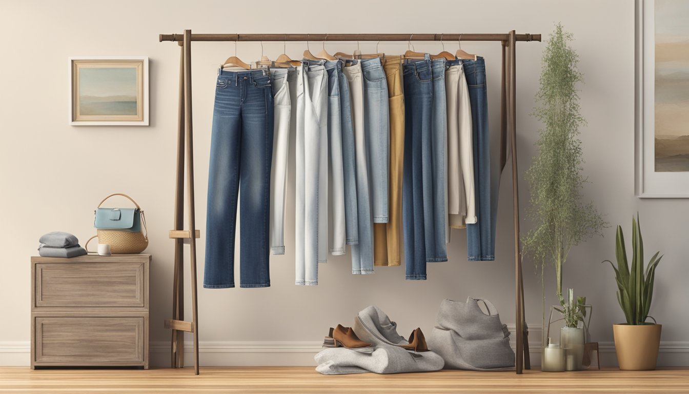 A pair of J Brand jeans hanging on a rustic wooden clothes rack, surrounded by soft, natural lighting and a few carefully placed accessories