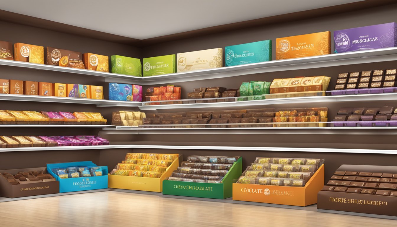 A display of top chocolate brands arranged on a sleek, modern shelf with elegant packaging and enticing flavors