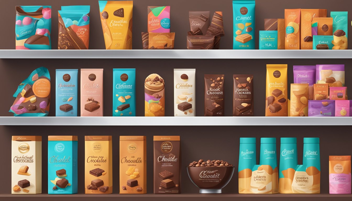 A display of top chocolate brands, with colorful packaging and decadent treats, arranged on a sleek, modern shelf