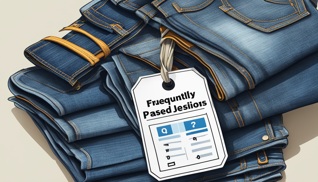 A stack of jeans with "Frequently Asked Questions" printed on tags