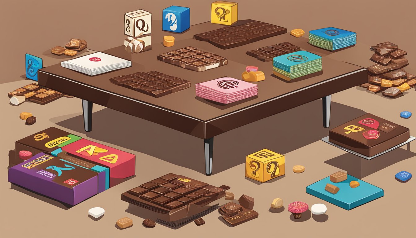 A table with various chocolate brand logos displayed, surrounded by question marks and a "Frequently Asked Questions" sign