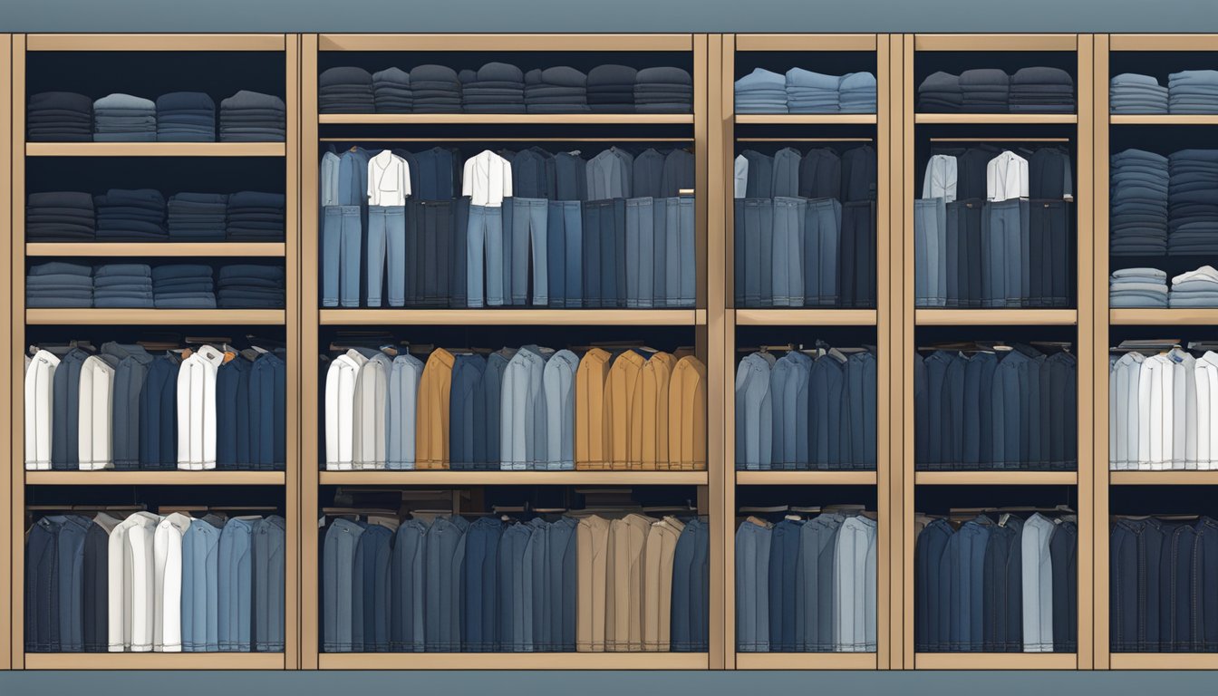 A display of top denim jeans brands arranged on shelves, with various styles and washes. Brand logos and labels are prominently featured