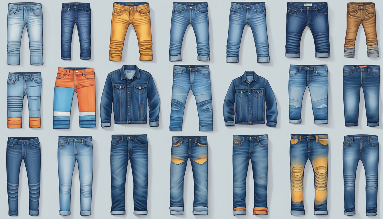 A display of iconic denim jeans logos and styles, showcasing the evolution and cultural impact of top denim brands