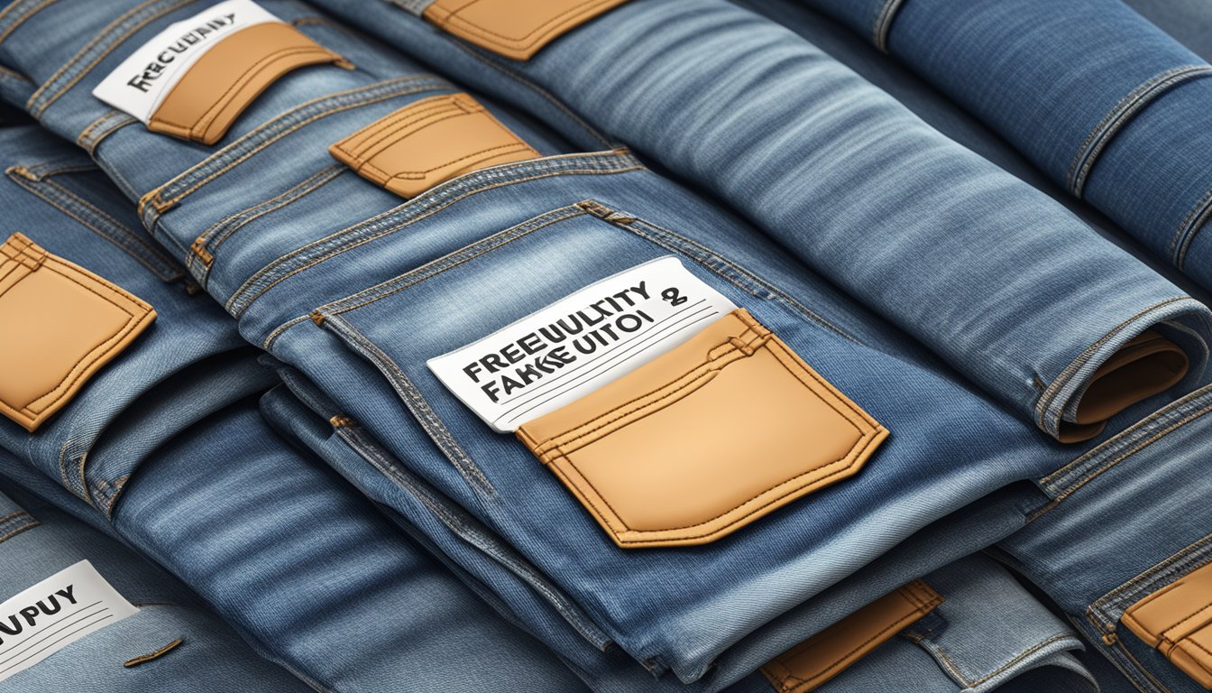 A stack of denim jeans with "Frequently Asked Questions" displayed on a screen above