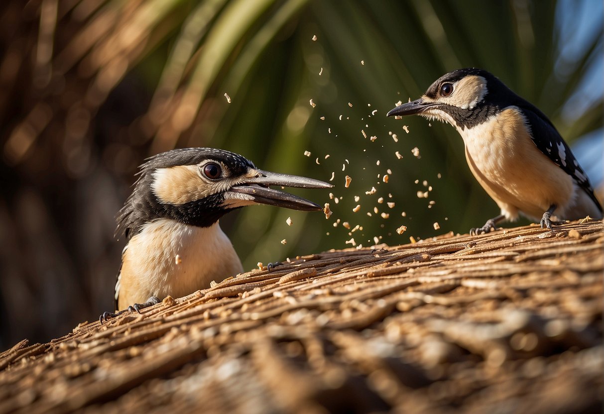 Sawdust falling from a woodpecker's beak as it pecks at a hole in a palm tree trunk