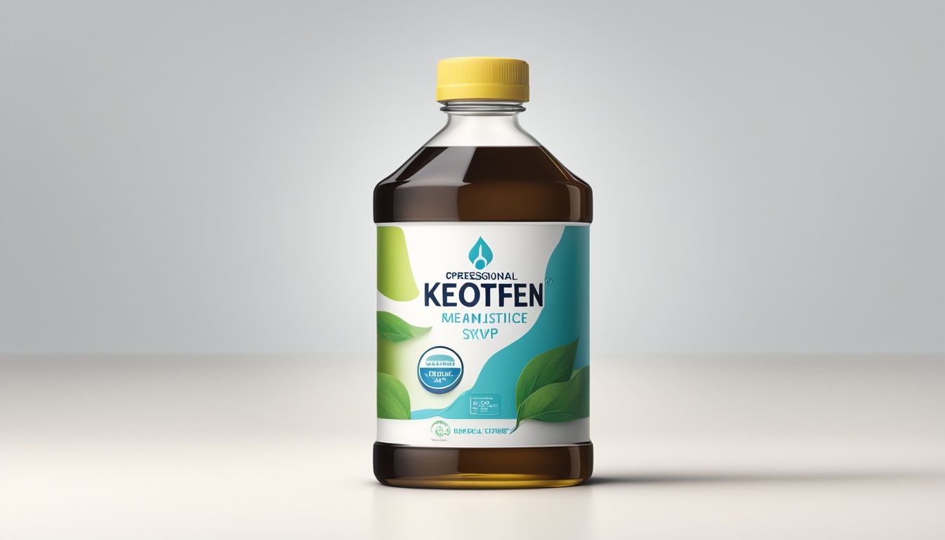 Ketotifen syrup bottle on a clean, white surface with the brand name clearly visible