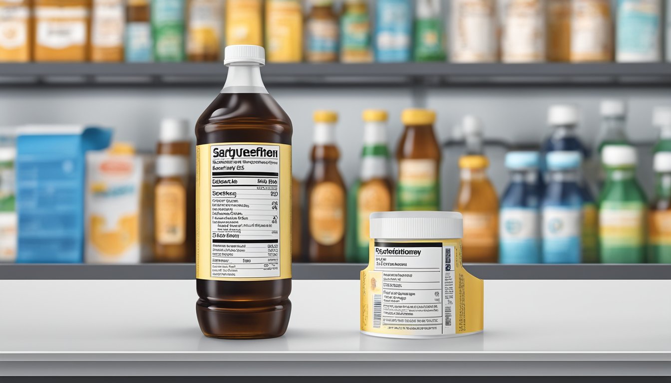A bottle of ketotifen syrup placed on a high shelf with a "Safety and Storage Information" label prominently displayed