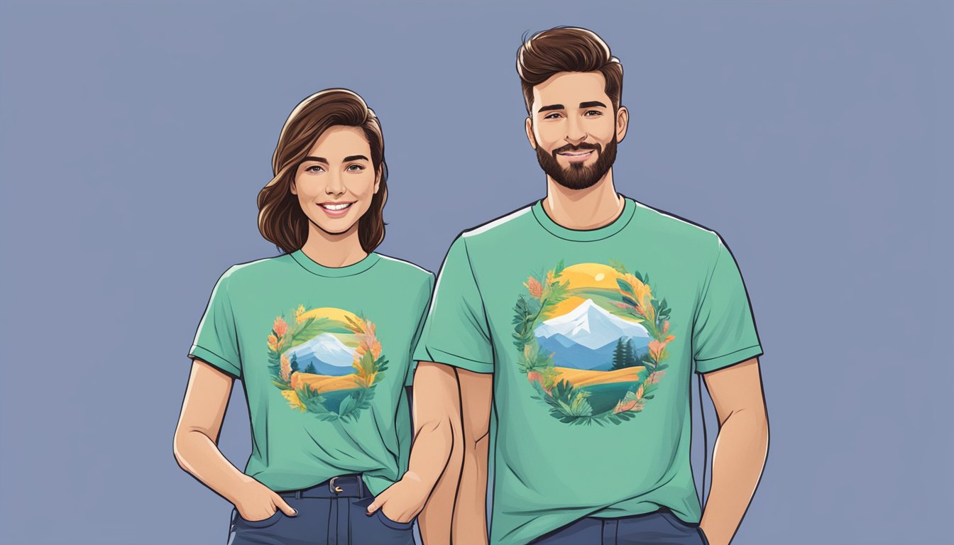 A couple stands side by side wearing matching branded t-shirts