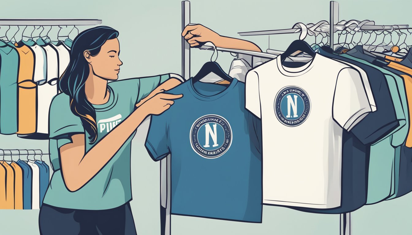 A hand reaches into a clothing rack, pulling out a matching pair of couple t-shirts with a prominent branding logo