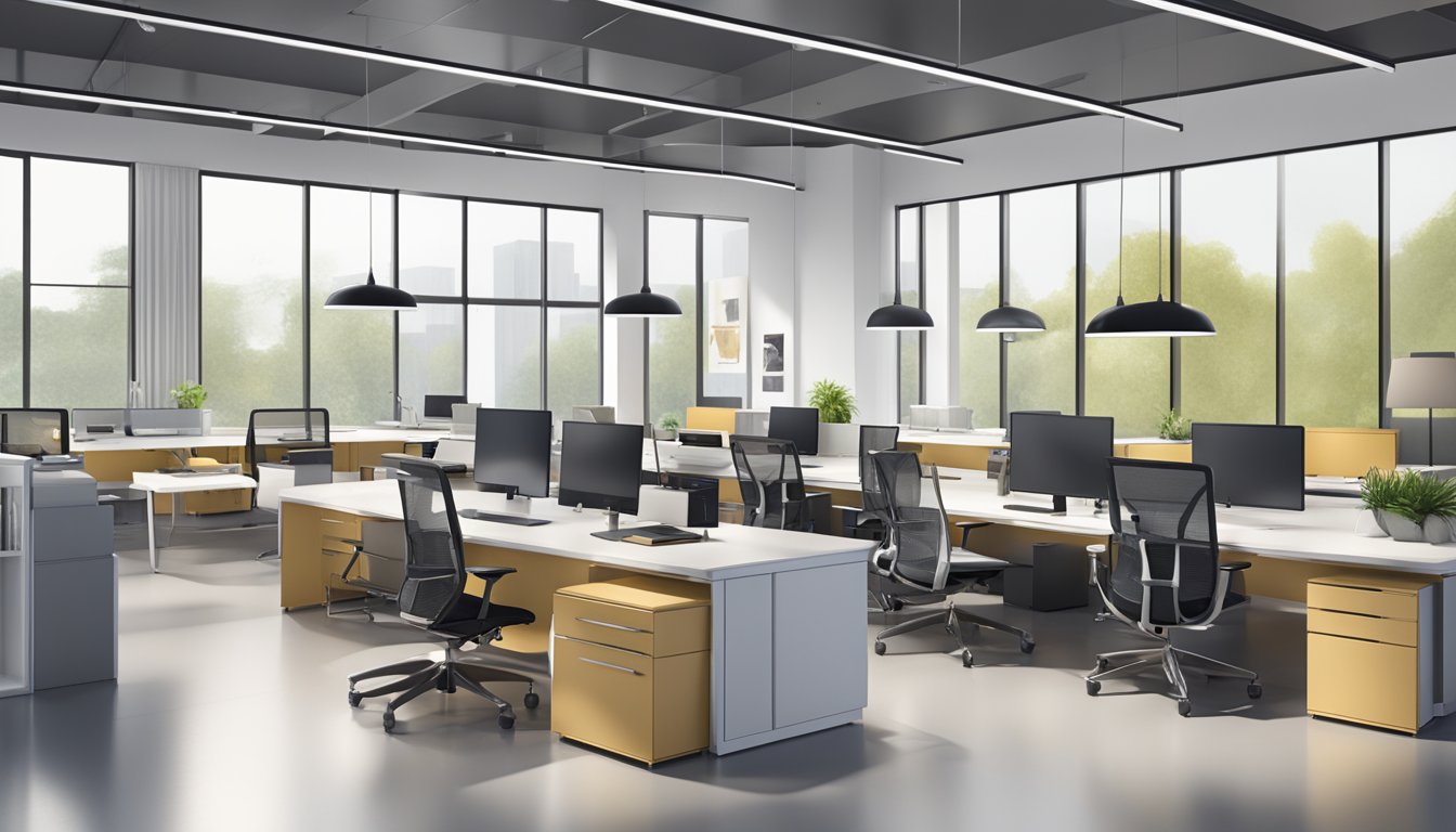 Sleek desks, ergonomic chairs, and modern filing cabinets fill the spacious office showroom, showcasing top furniture brands