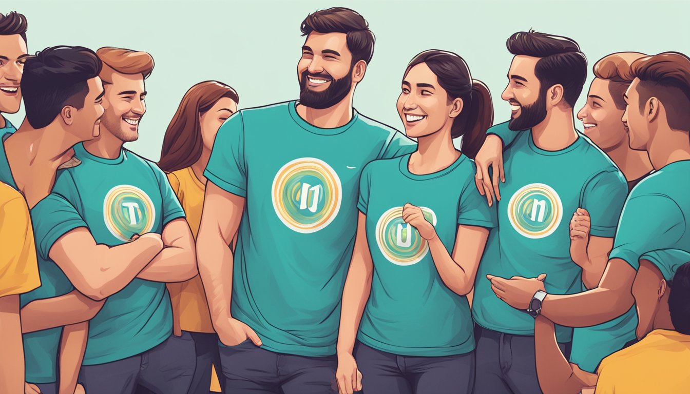 A couple wearing matching branded t-shirts, surrounded by a group of people, engaging and interacting with one another