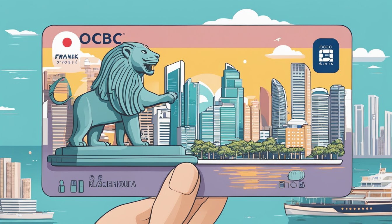 A hand holds an OCBC FRANK Debit Card against a backdrop of Singapore landmarks and symbols, such as the Merlion and HDB flats