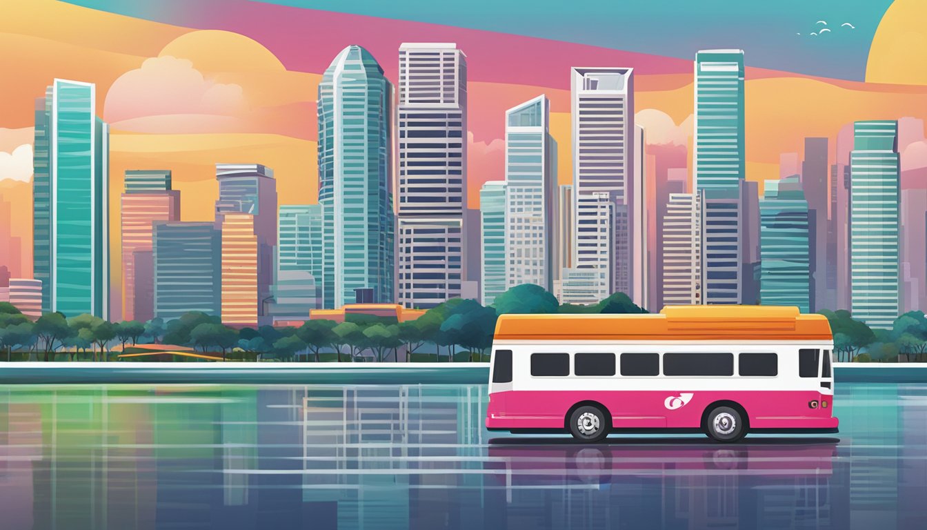 A colorful OCBC FRANK Debit Card against a Singaporean cityscape. The card features bold, modern design elements and the iconic OCBC logo