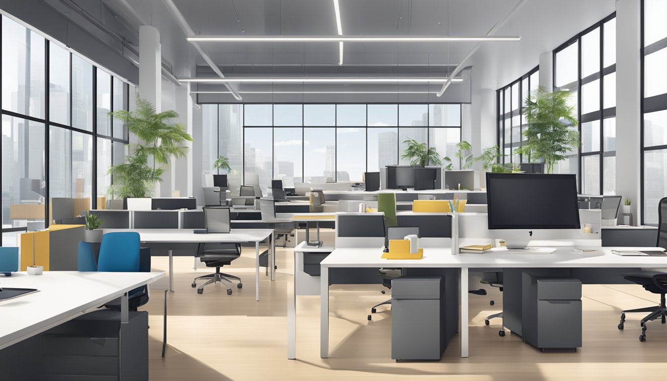 The scene showcases a variety of sleek and modern office furniture from top brands, including desks, chairs, and storage units, arranged in a well-lit showroom setting