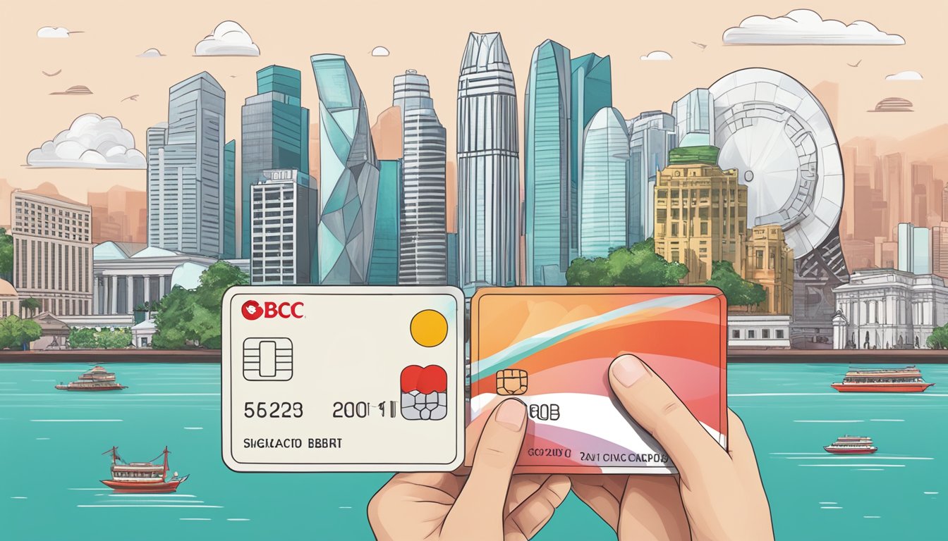 A hand holding an OCBC FRANK Debit Card with financial icons and Singapore landmarks in the background